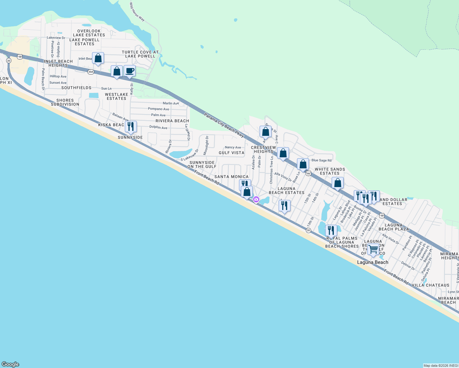 map of restaurants, bars, coffee shops, grocery stores, and more near 112 Buena Vista Avenue in Panama City Beach