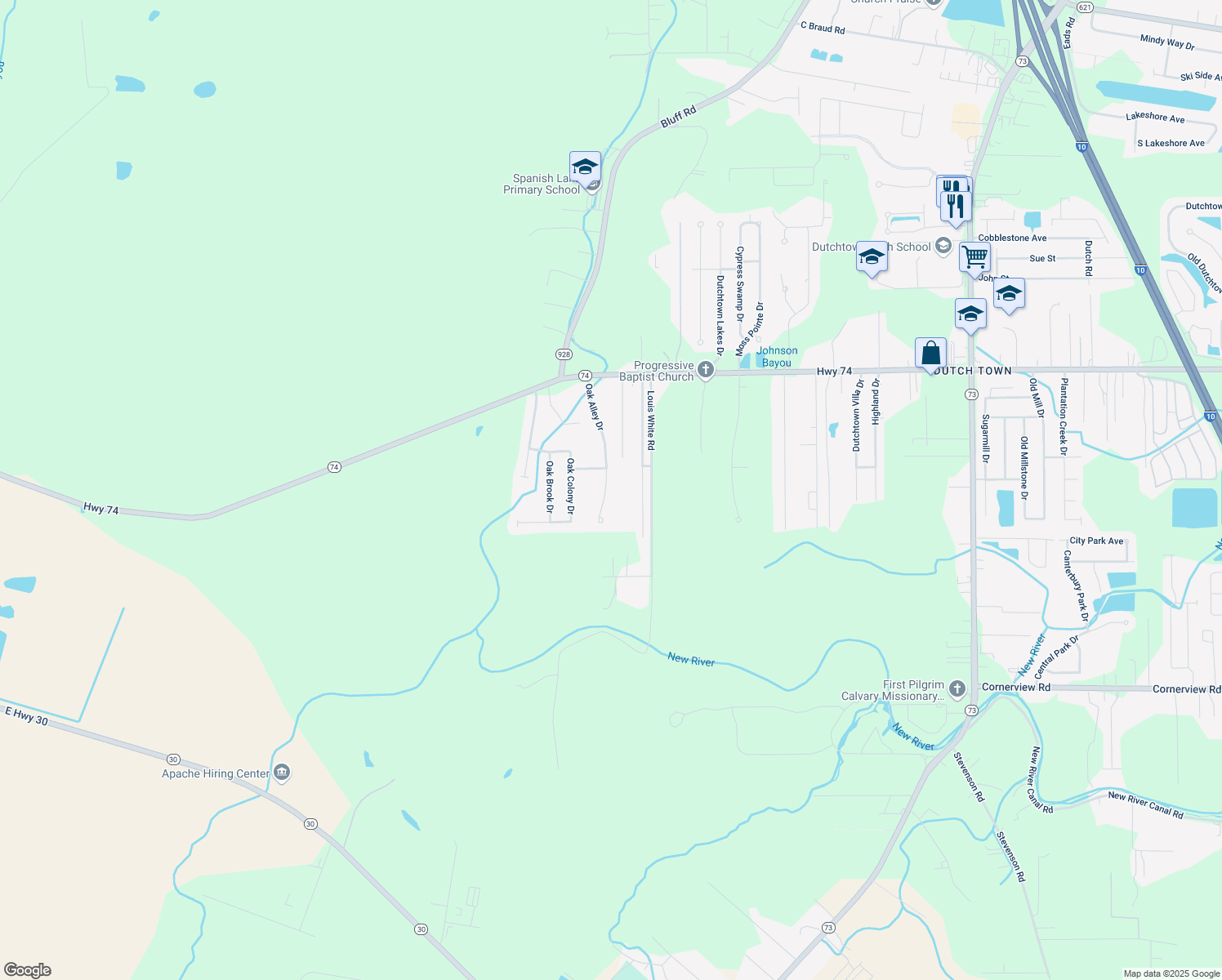 map of restaurants, bars, coffee shops, grocery stores, and more near 12322 Oak Alley Drive in Geismar