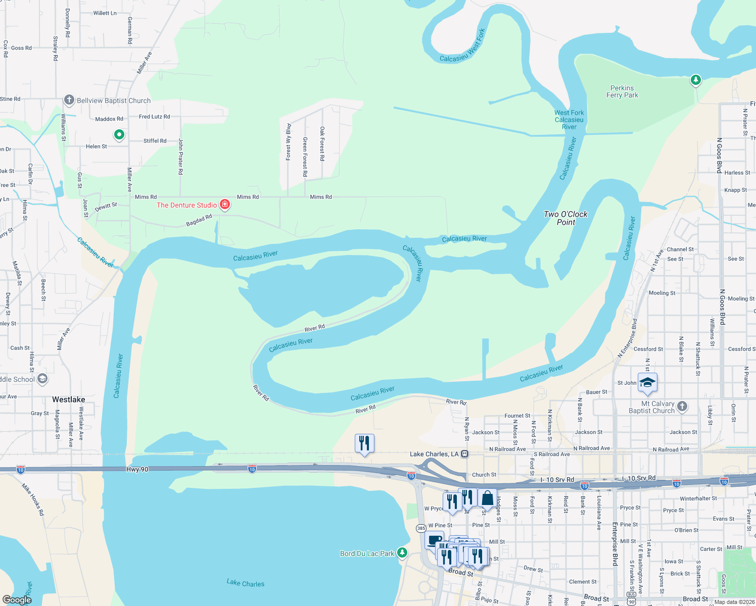 map of restaurants, bars, coffee shops, grocery stores, and more near 21 River Road in Lake Charles