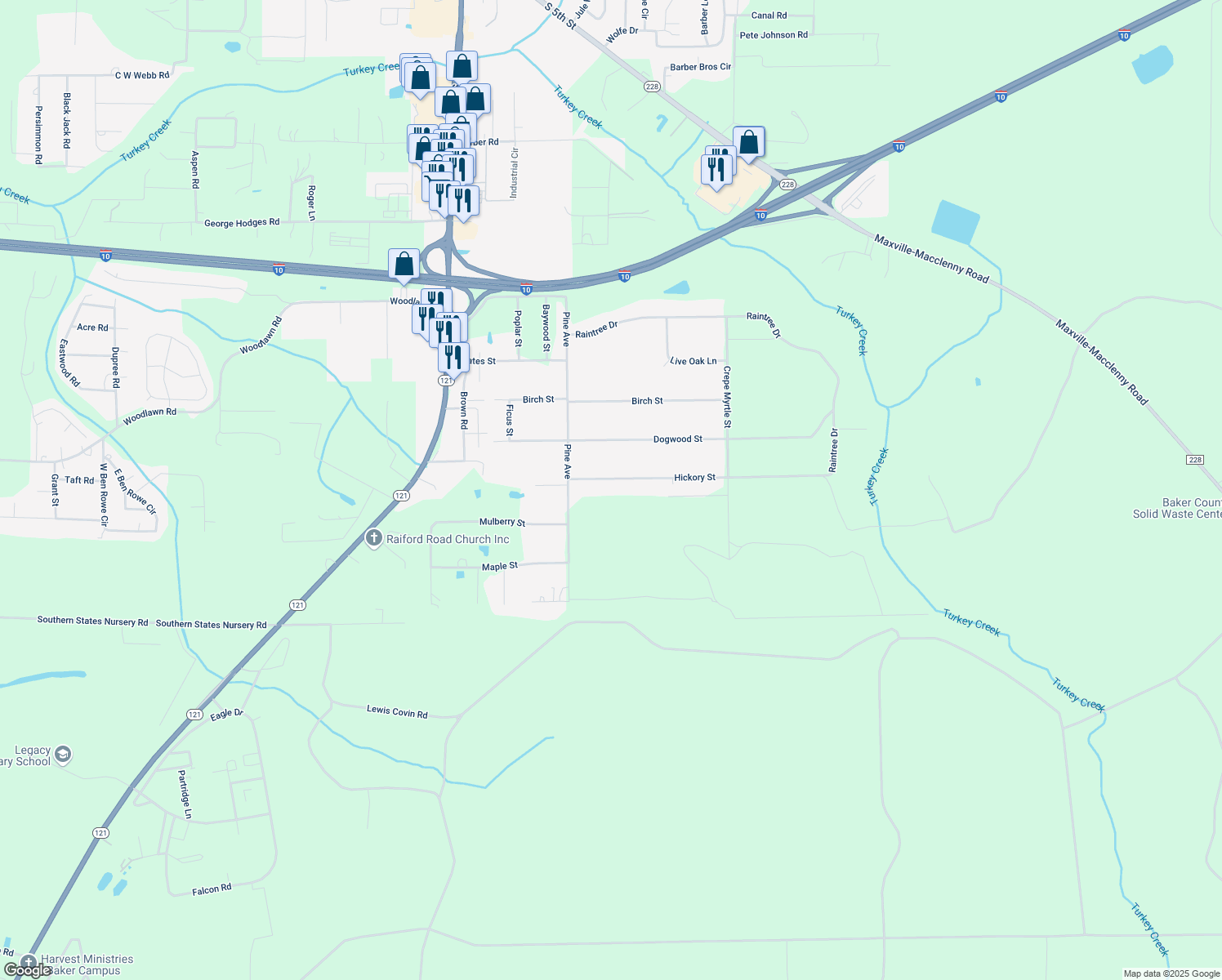 map of restaurants, bars, coffee shops, grocery stores, and more near 4414 Hickory Street in Macclenny