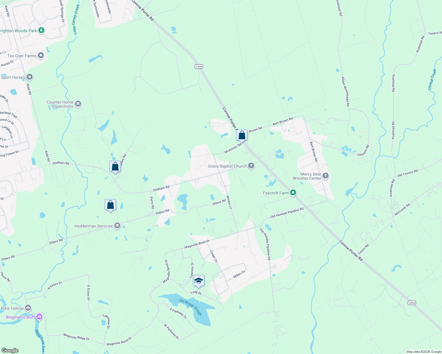 map of restaurants, bars, coffee shops, grocery stores, and more near 14097 Bimbo Ln in Conroe
