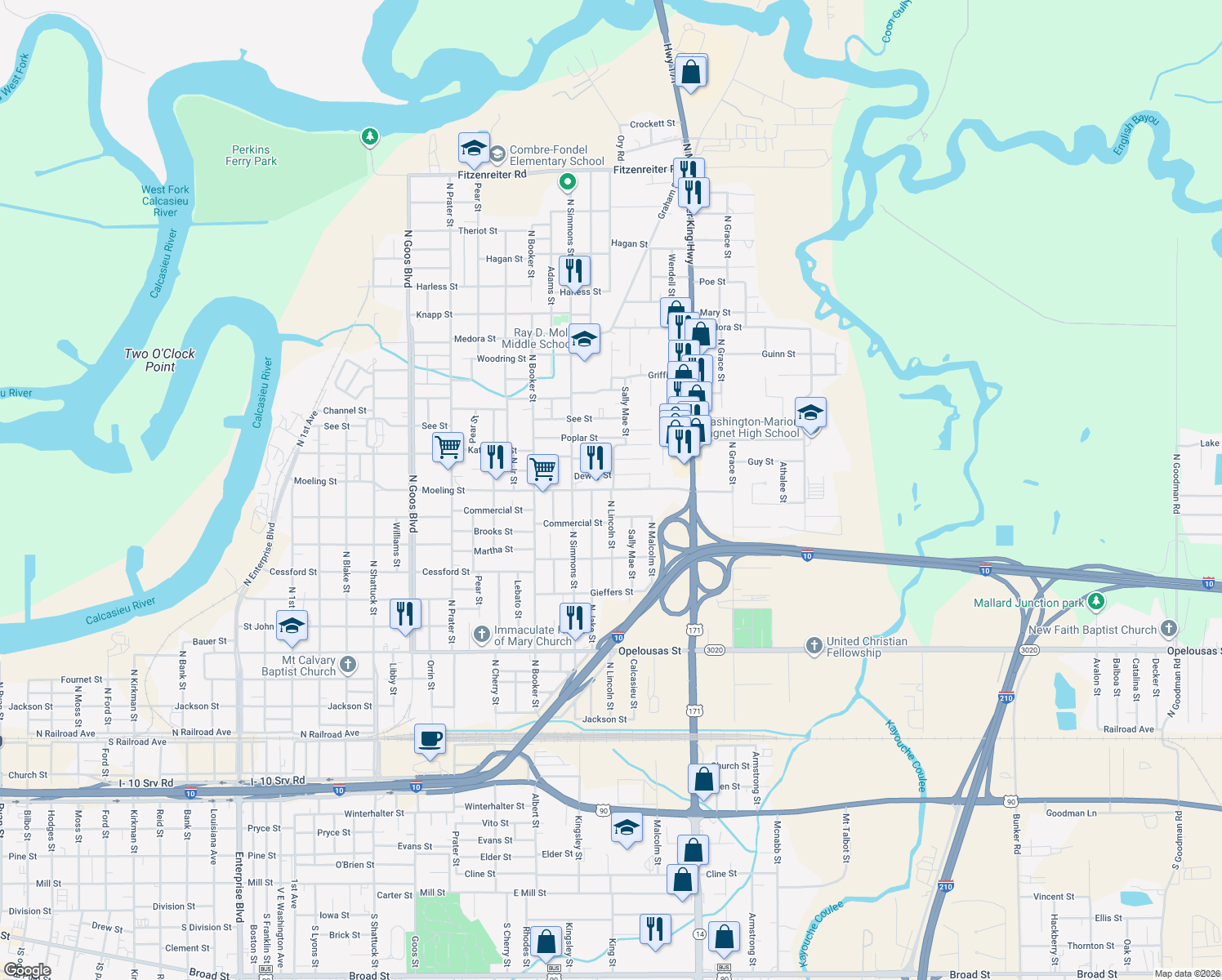 map of restaurants, bars, coffee shops, grocery stores, and more near 998 N Lincoln St in Lake Charles