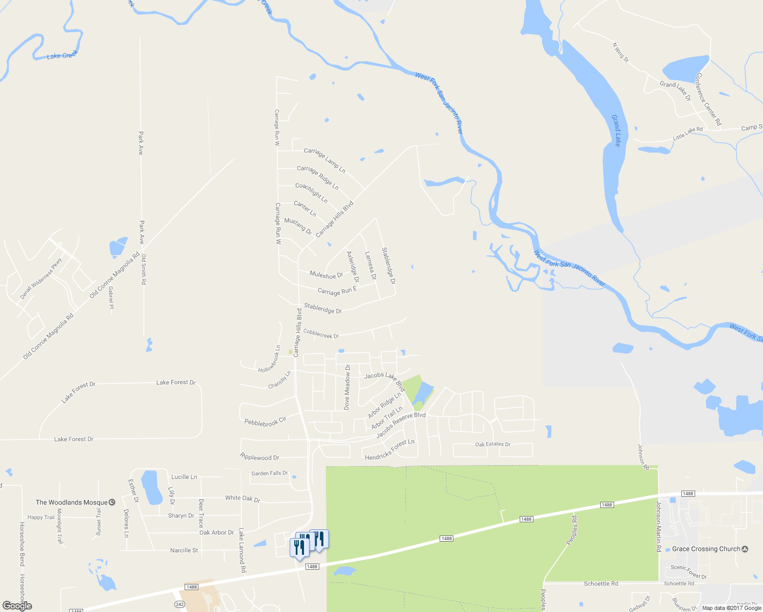 map of restaurants, bars, coffee shops, grocery stores, and more near 2300 Stableridge Drive in Conroe