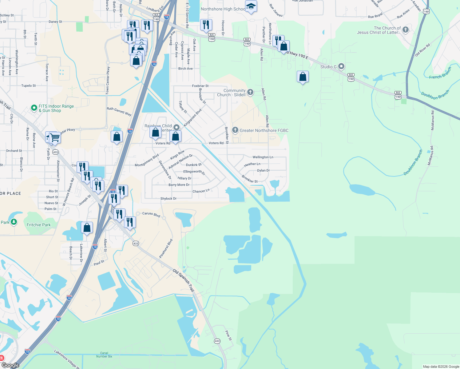 map of restaurants, bars, coffee shops, grocery stores, and more near 1910 Kings Row in Slidell