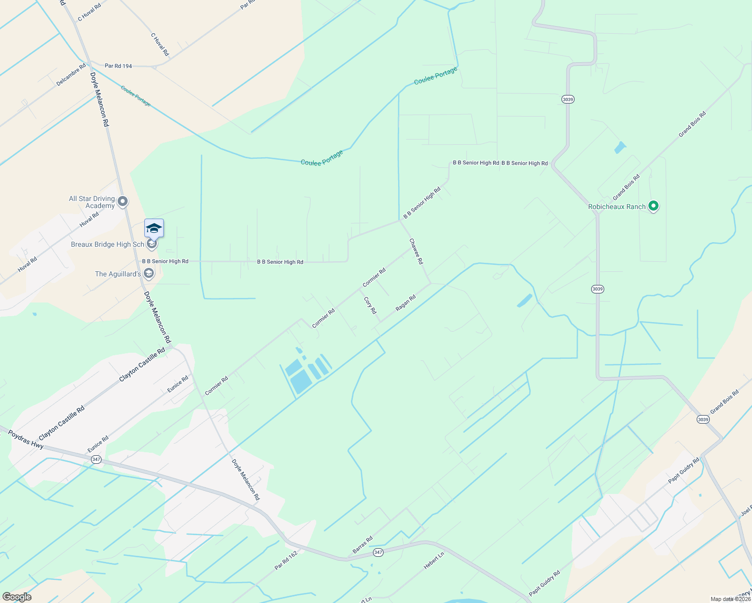 map of restaurants, bars, coffee shops, grocery stores, and more near 1021 Cory Road in Breaux Bridge