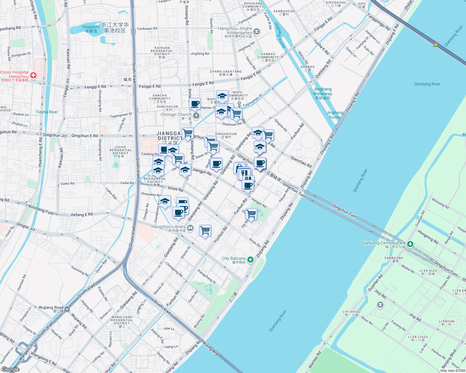 map of restaurants, bars, coffee shops, grocery stores, and more near Qing He Lu in Hang Zhou Shi