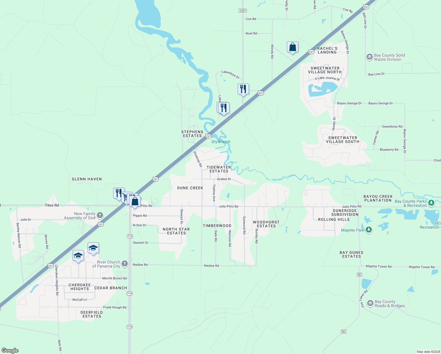 map of restaurants, bars, coffee shops, grocery stores, and more near 6511 Azalea Street in Panama City