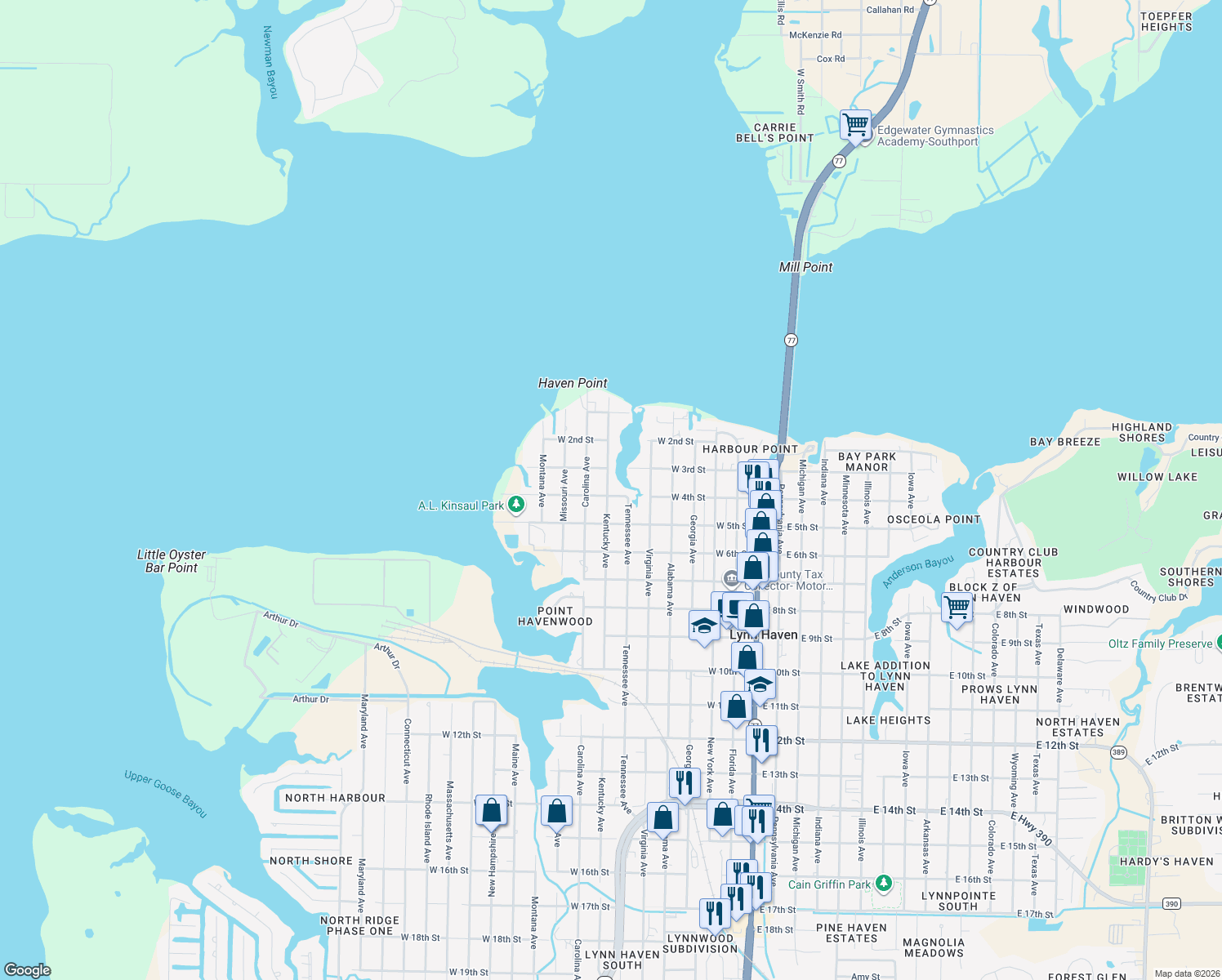 map of restaurants, bars, coffee shops, grocery stores, and more near 710 West 4th Street in Lynn Haven