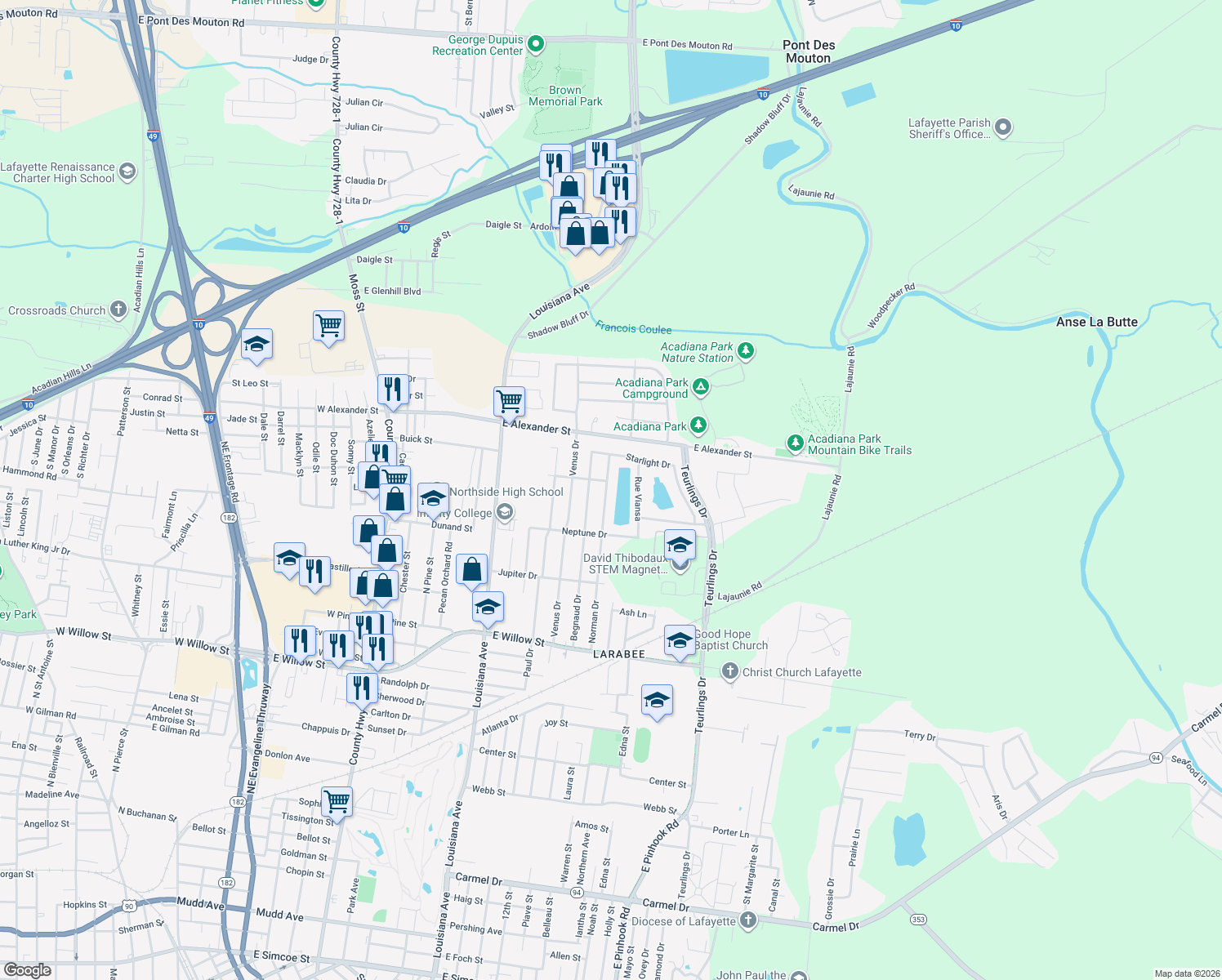map of restaurants, bars, coffee shops, grocery stores, and more near 322 Norman Drive in Lafayette