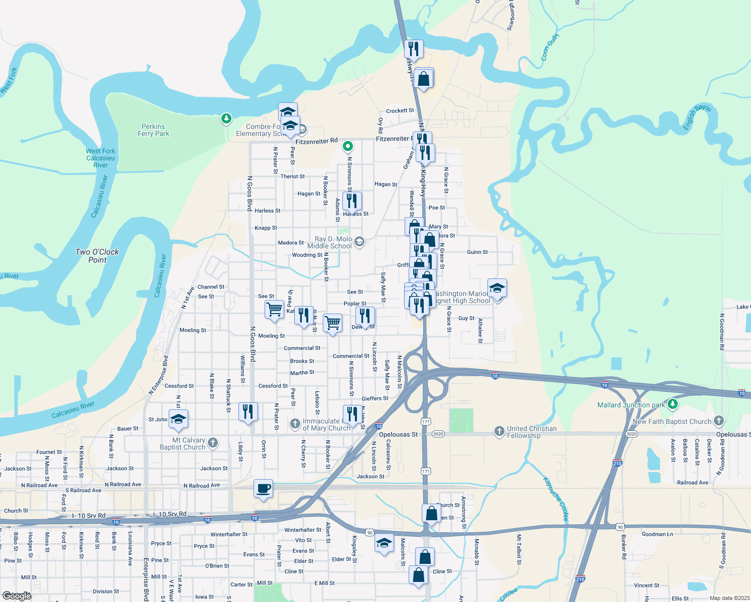 map of restaurants, bars, coffee shops, grocery stores, and more near 2345 Poplar St in Lake Charles