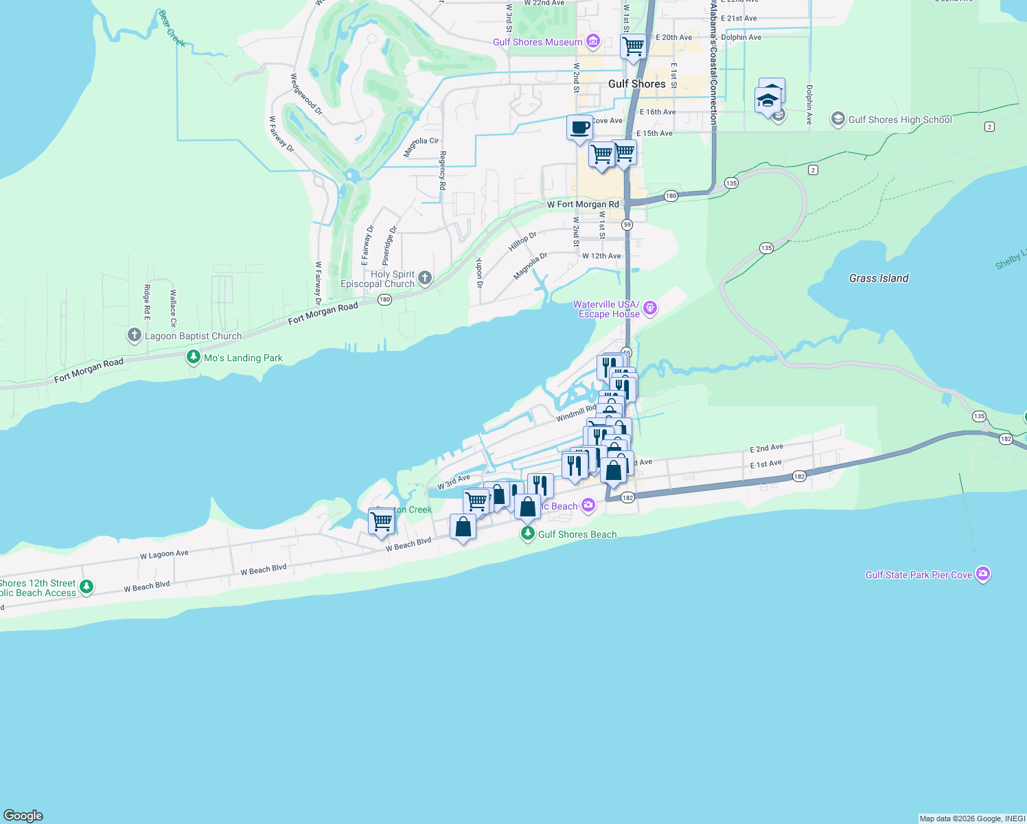 map of restaurants, bars, coffee shops, grocery stores, and more near 312 Sunrise Drive in Gulf Shores