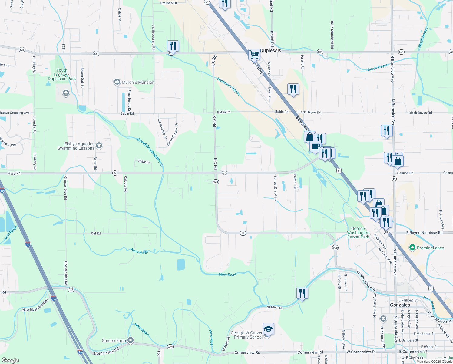 map of restaurants, bars, coffee shops, grocery stores, and more near 12503 Esplanade Dr in Gonzales