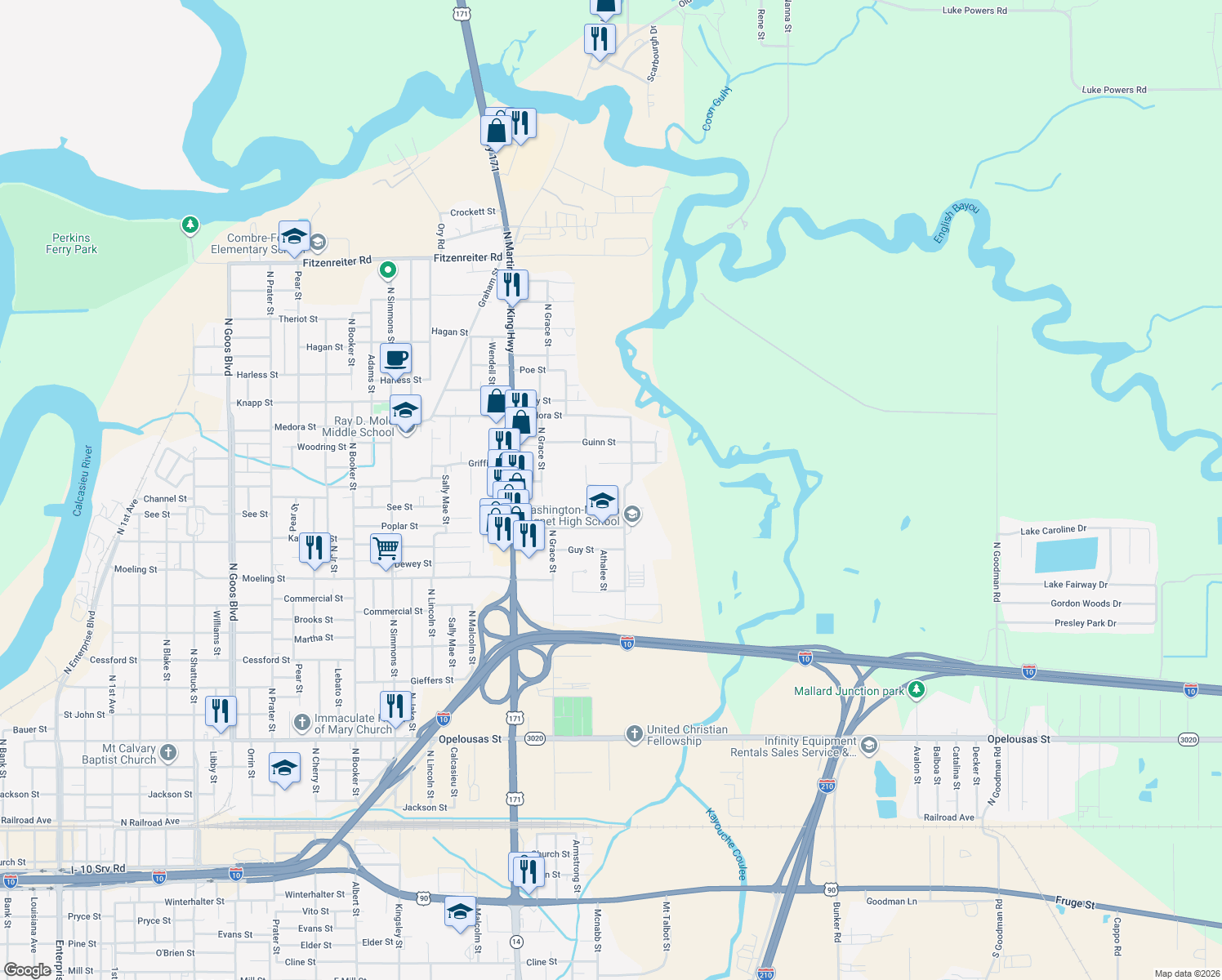 map of restaurants, bars, coffee shops, grocery stores, and more near 1120 Althalee St in Lake Charles