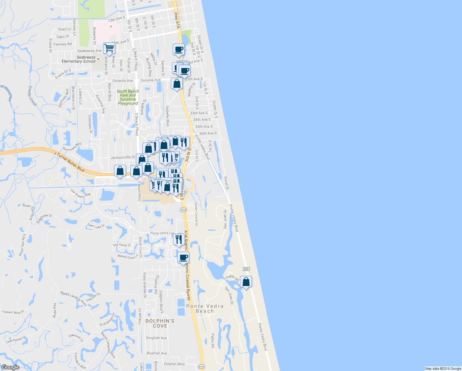 map of restaurants, bars, coffee shops, grocery stores, and more near 4241 Duval Drive in Jacksonville Beach