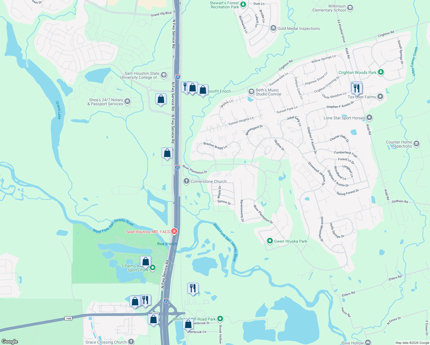 map of restaurants, bars, coffee shops, grocery stores, and more near 300 Tara Park in Conroe
