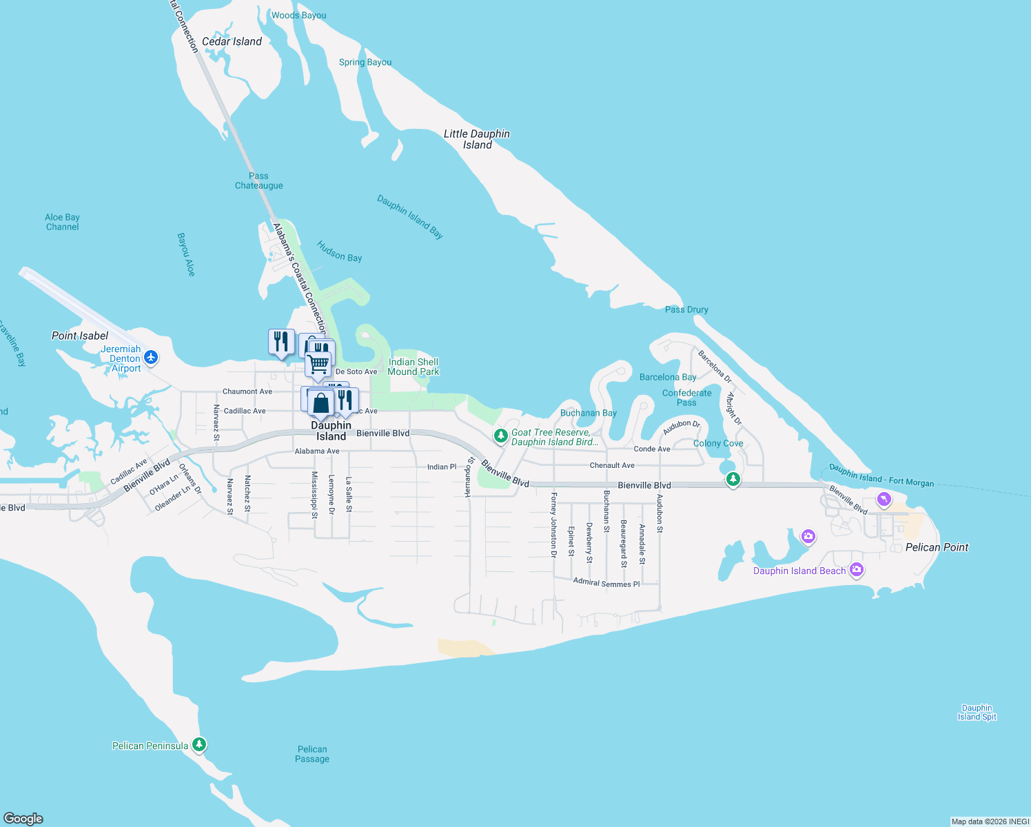 map of restaurants, bars, coffee shops, grocery stores, and more near 409 Carolyn Dr in Dauphin Island