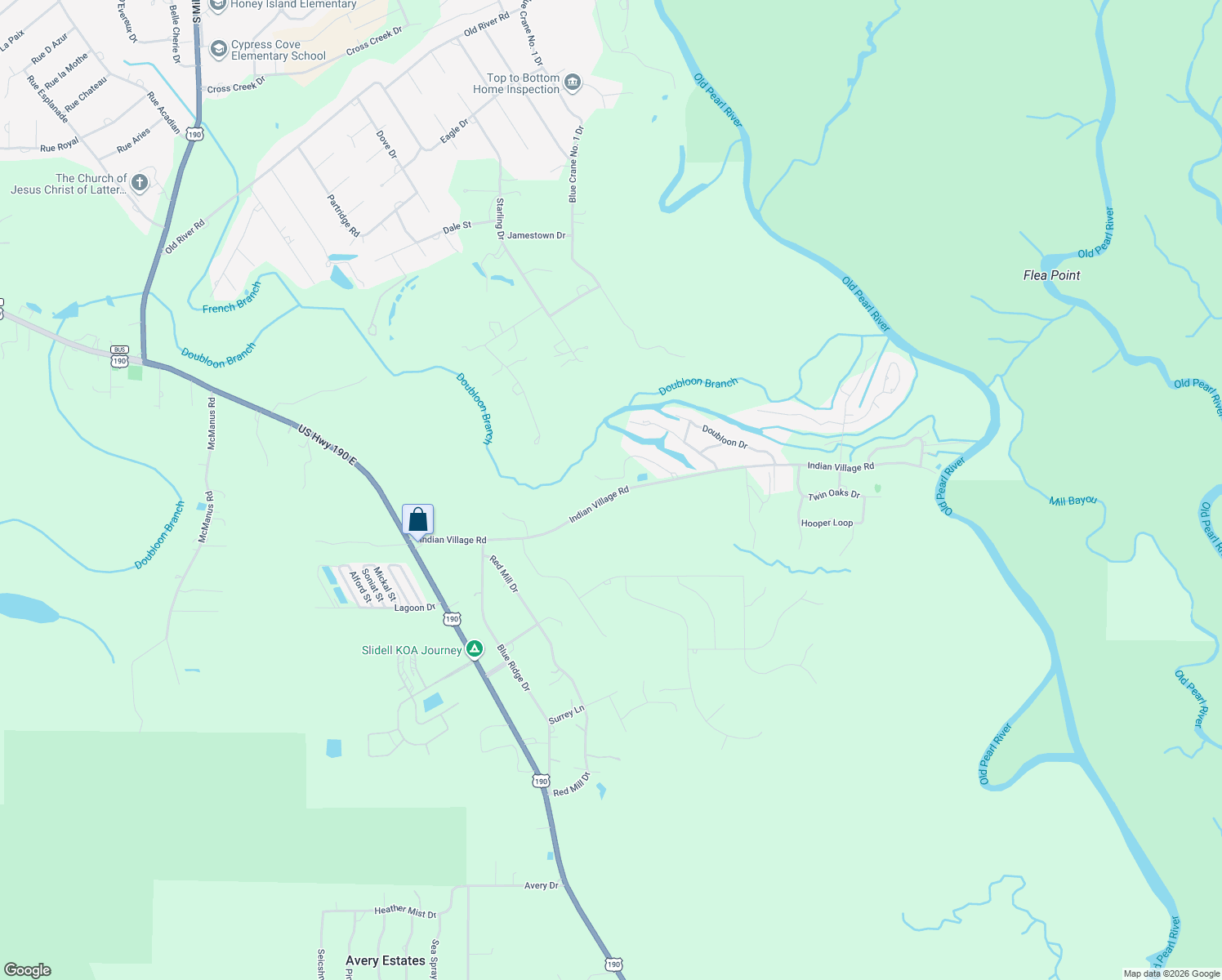 map of restaurants, bars, coffee shops, grocery stores, and more near 348 Indian Village Road in Slidell