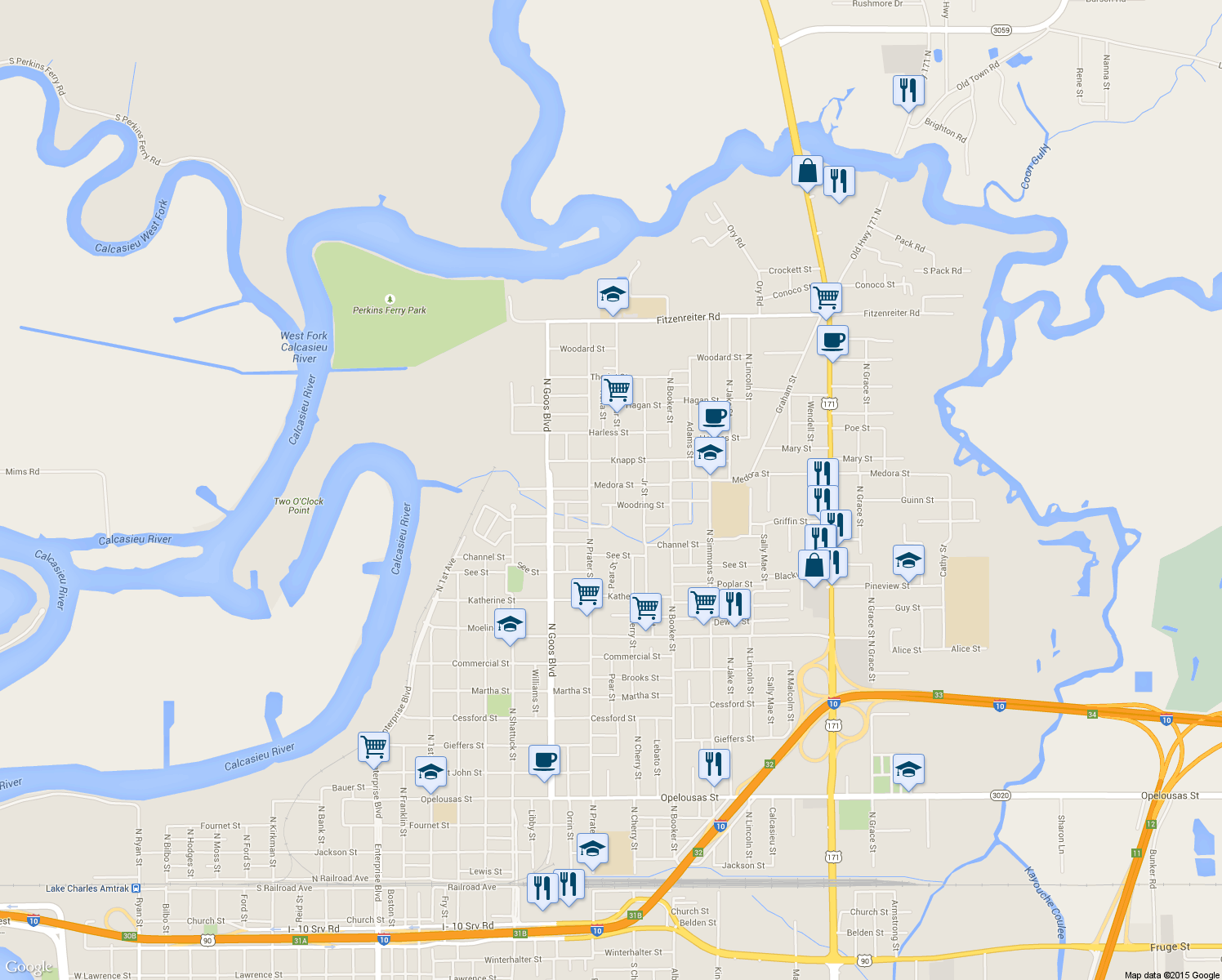 map of restaurants, bars, coffee shops, grocery stores, and more near 2018 Medora Street in Lake Charles