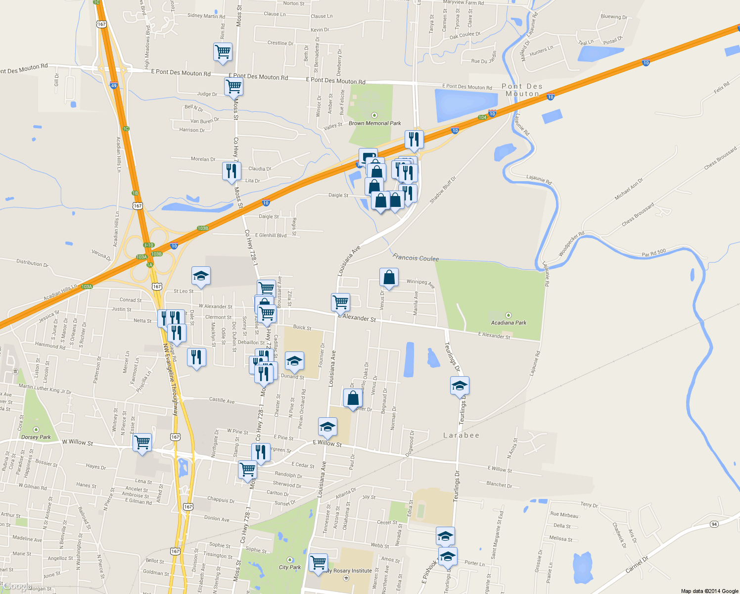 map of restaurants, bars, coffee shops, grocery stores, and more near 204 Briarwood Dr in Lafayette