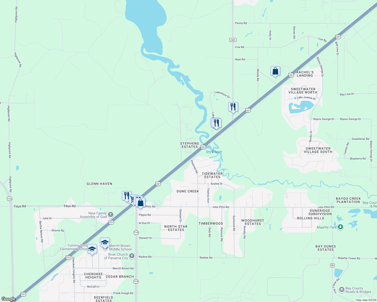 map of restaurants, bars, coffee shops, grocery stores, and more near 5921 Jarvis Drive in Panama City