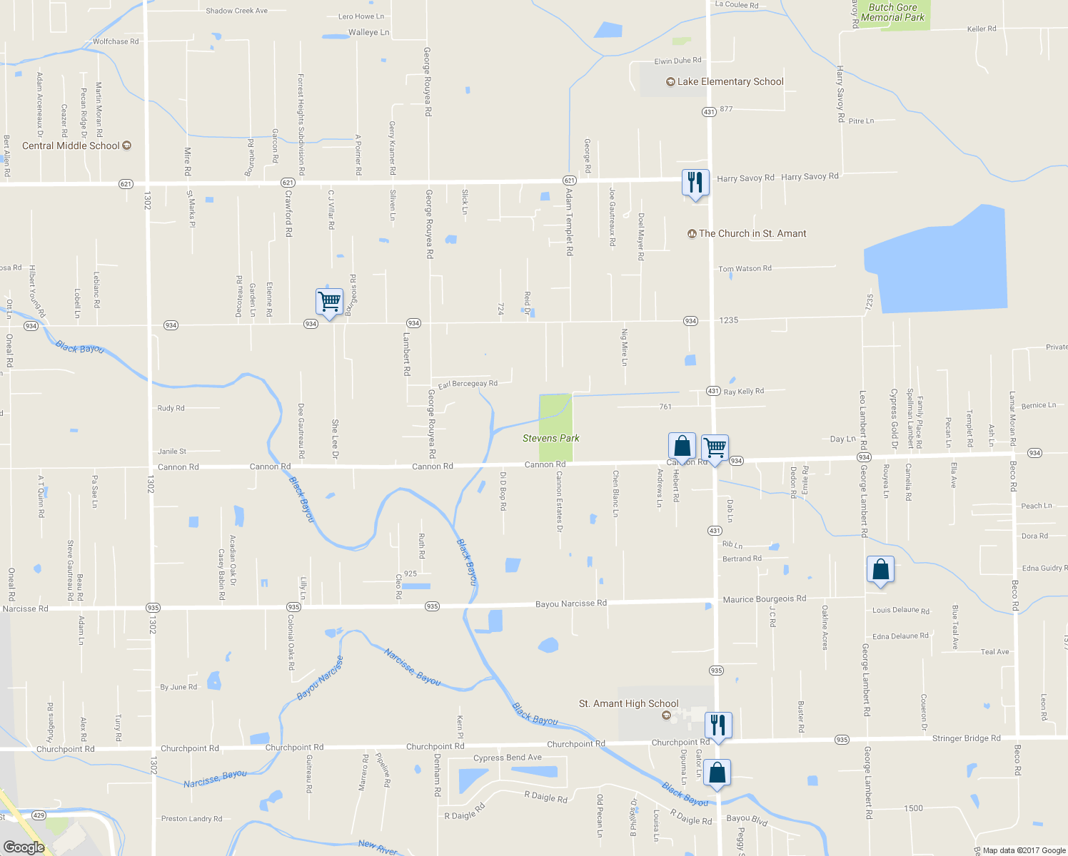 map of restaurants, bars, coffee shops, grocery stores, and more near 43196 Cannon Road in Gonzales