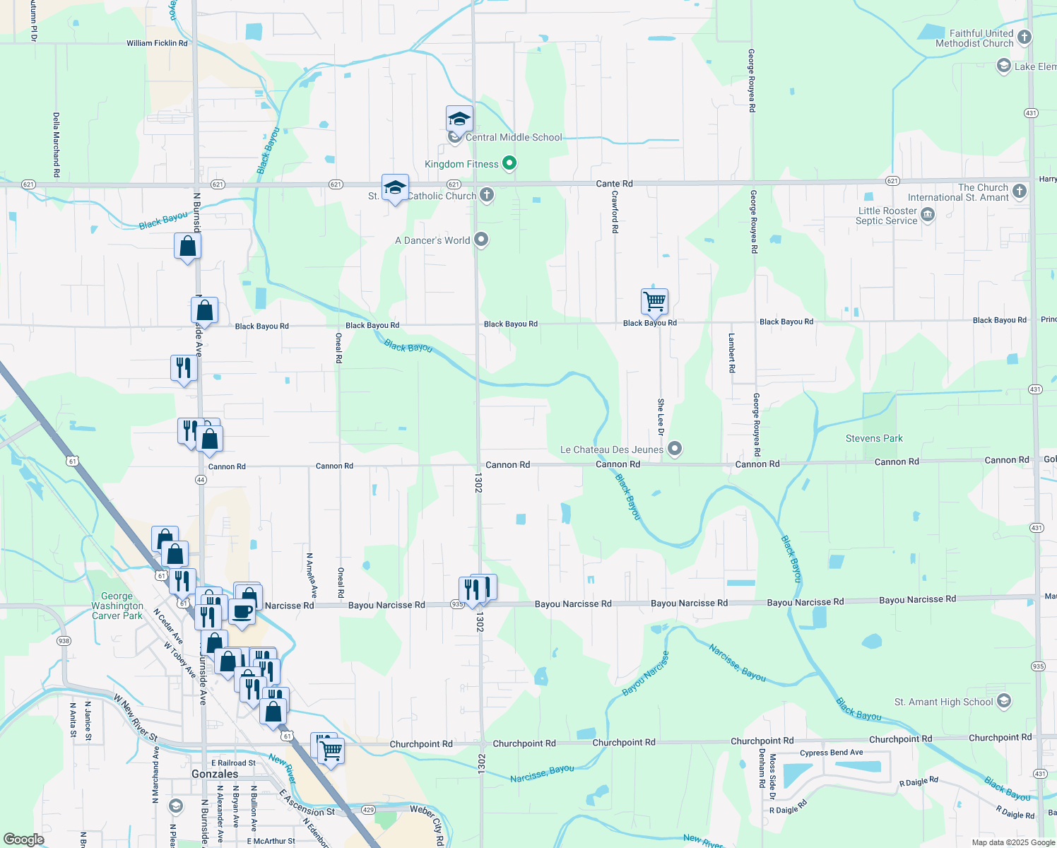 map of restaurants, bars, coffee shops, grocery stores, and more near 13089 Telcide Lane in Gonzales