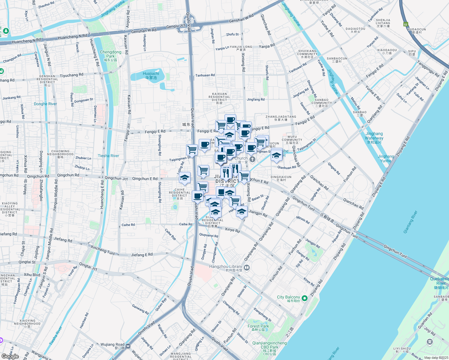 map of restaurants, bars, coffee shops, grocery stores, and more near 1 Qingchun East Road in Hangzhou Shi