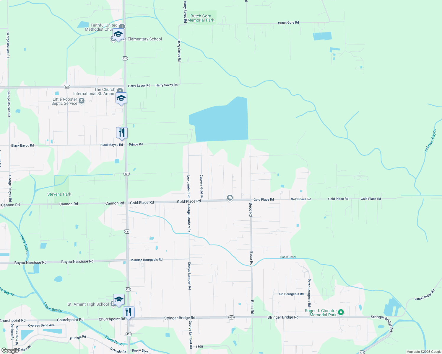 map of restaurants, bars, coffee shops, grocery stores, and more near 13113 Pecan Lane in Saint Amant