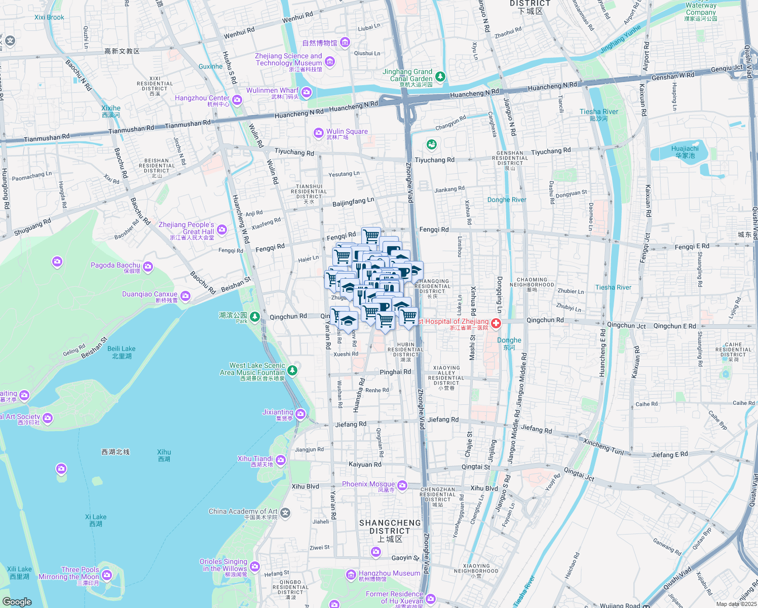 map of restaurants, bars, coffee shops, grocery stores, and more near 5 Yong Feng Xiang in Hang Zhou Shi