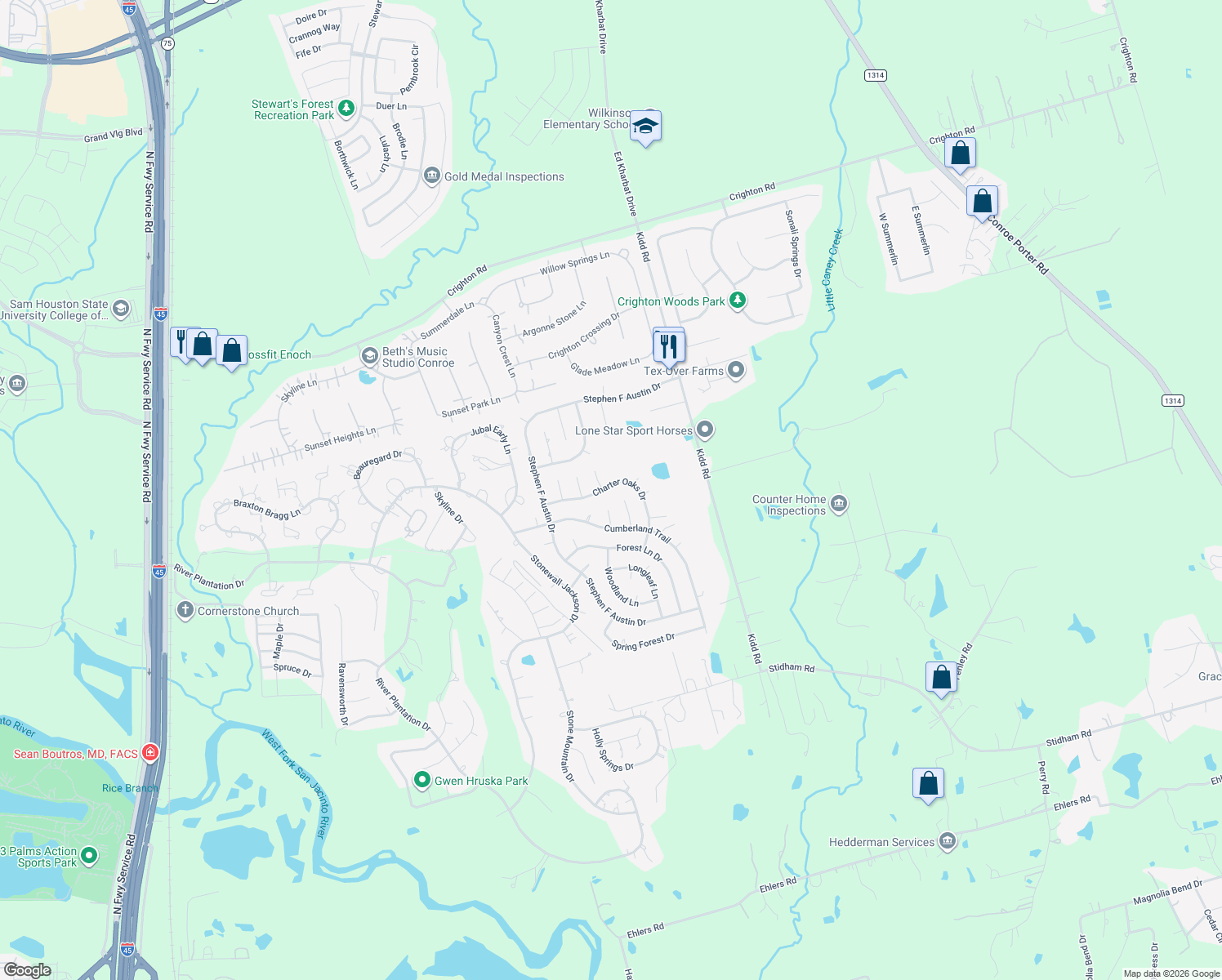 map of restaurants, bars, coffee shops, grocery stores, and more near 740 Charter Oaks Drive in Conroe