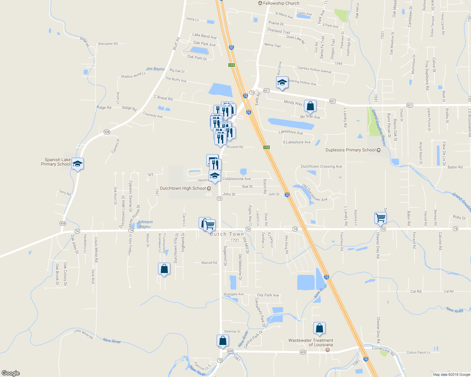map of restaurants, bars, coffee shops, grocery stores, and more near 37075 Sue Street in Geismar