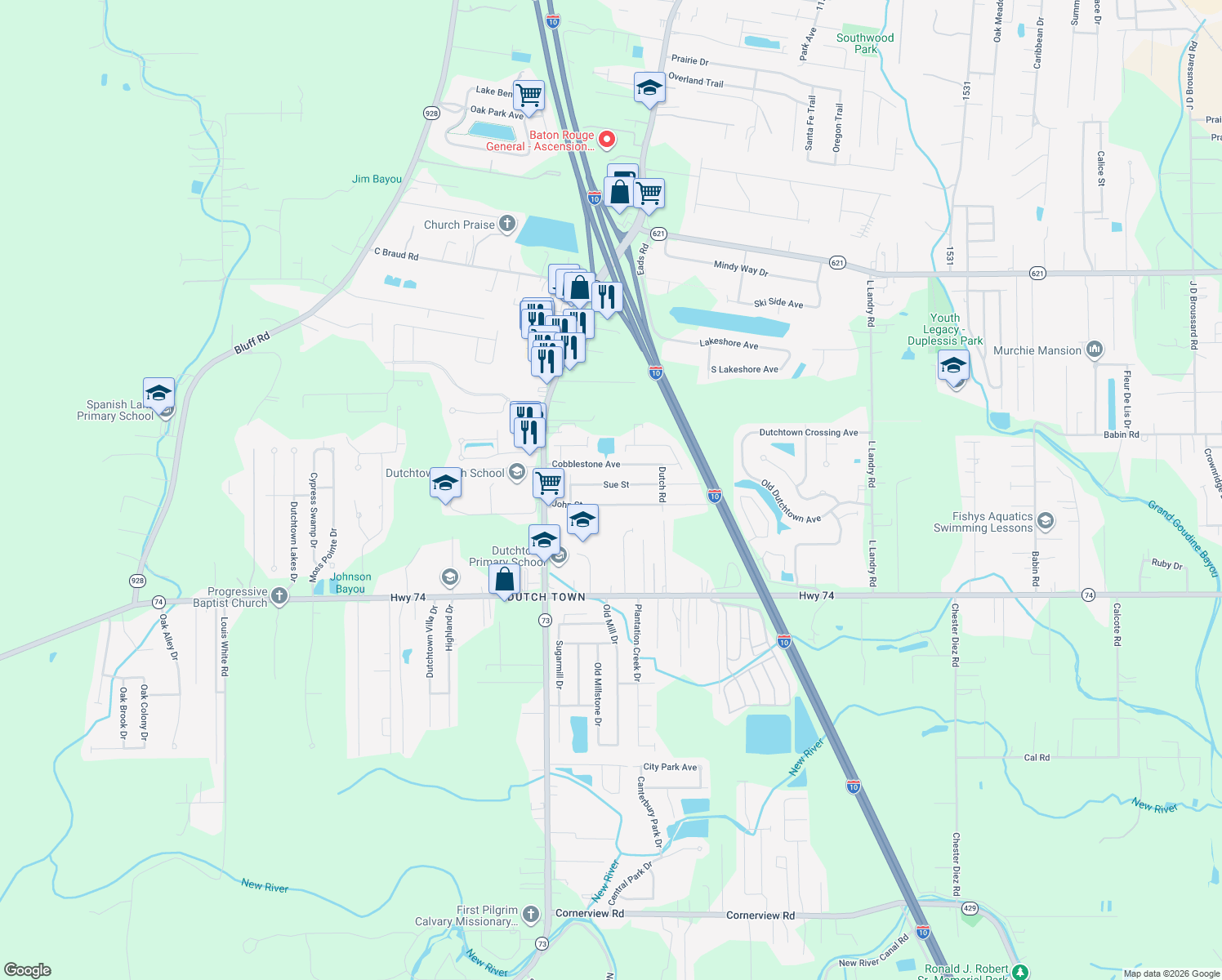 map of restaurants, bars, coffee shops, grocery stores, and more near 37119 Sue Street in Geismar