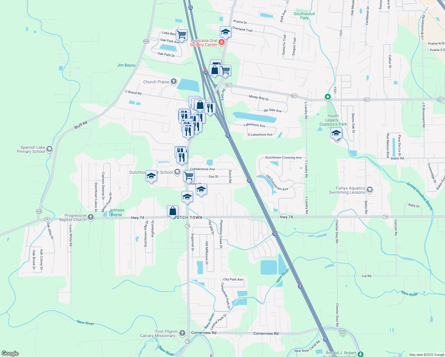 map of restaurants, bars, coffee shops, grocery stores, and more near 37167 Sue Street in Geismar