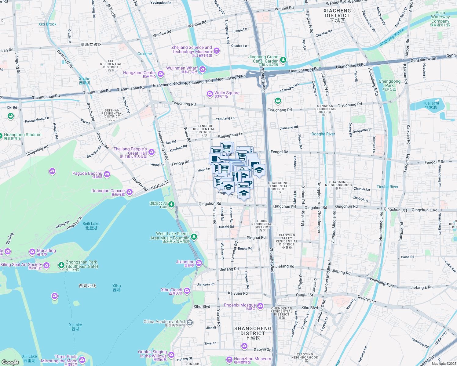 map of restaurants, bars, coffee shops, grocery stores, and more near 5 Yong Feng Xiang in Hang Zhou Shi