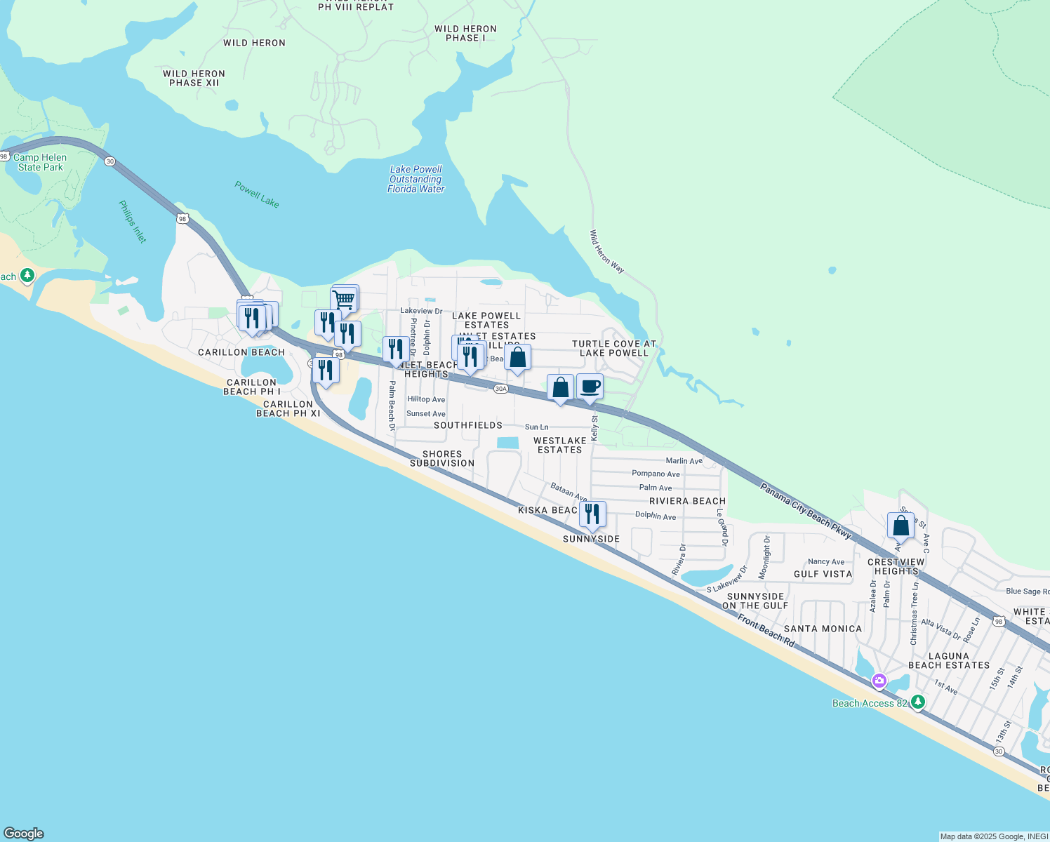 map of restaurants, bars, coffee shops, grocery stores, and more near 132 Sun Lane in Panama City Beach