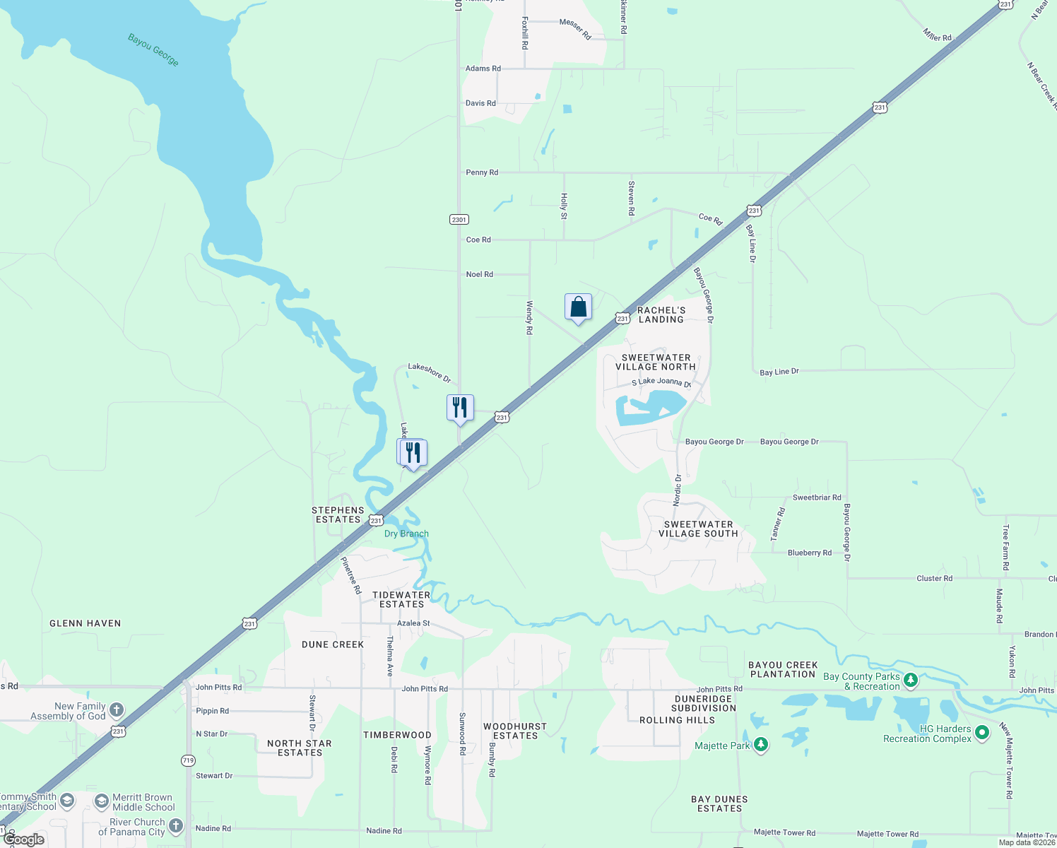 map of restaurants, bars, coffee shops, grocery stores, and more near 6804 U.S. 231 in Panama City