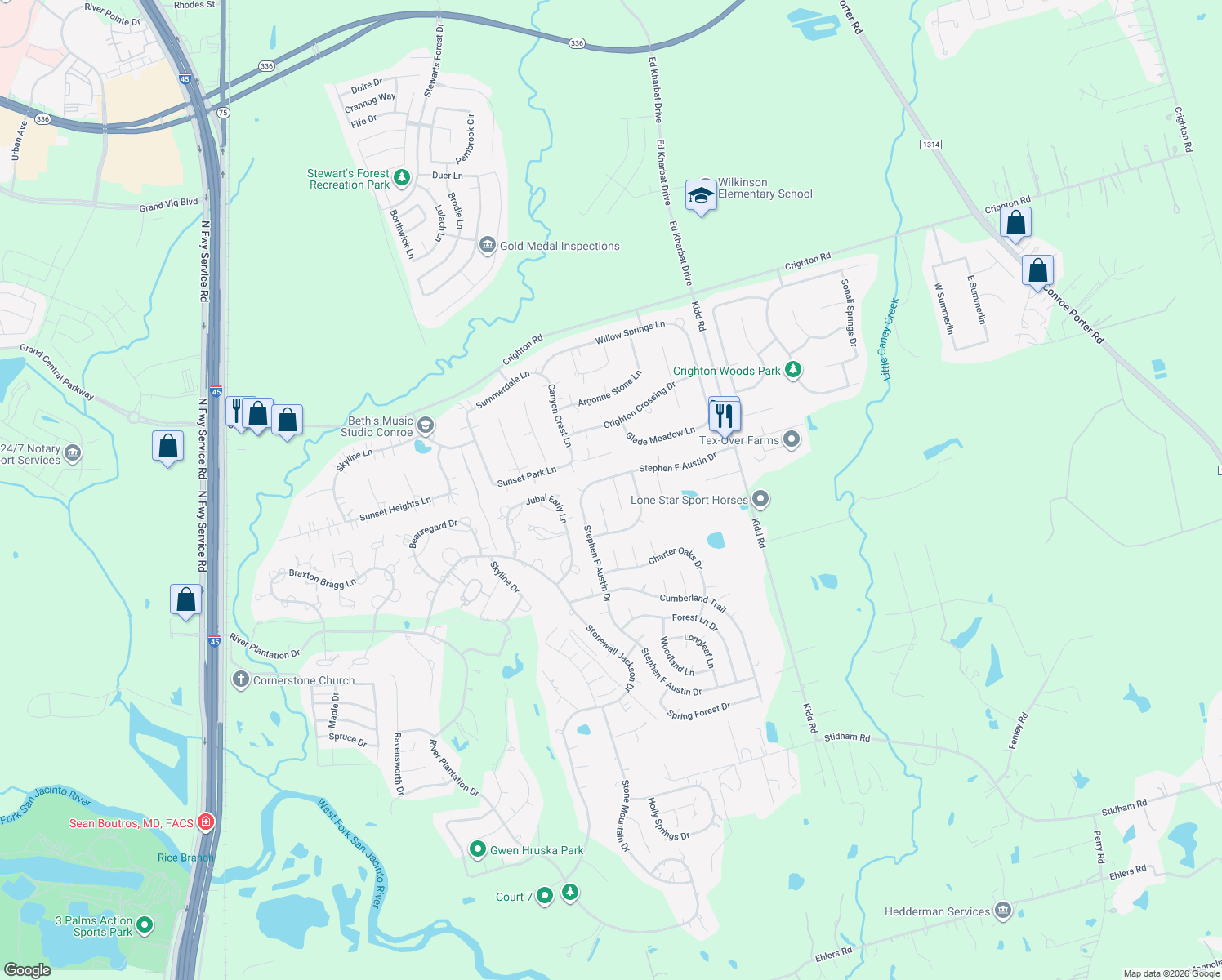 map of restaurants, bars, coffee shops, grocery stores, and more near 542 Cane River Lane in Conroe