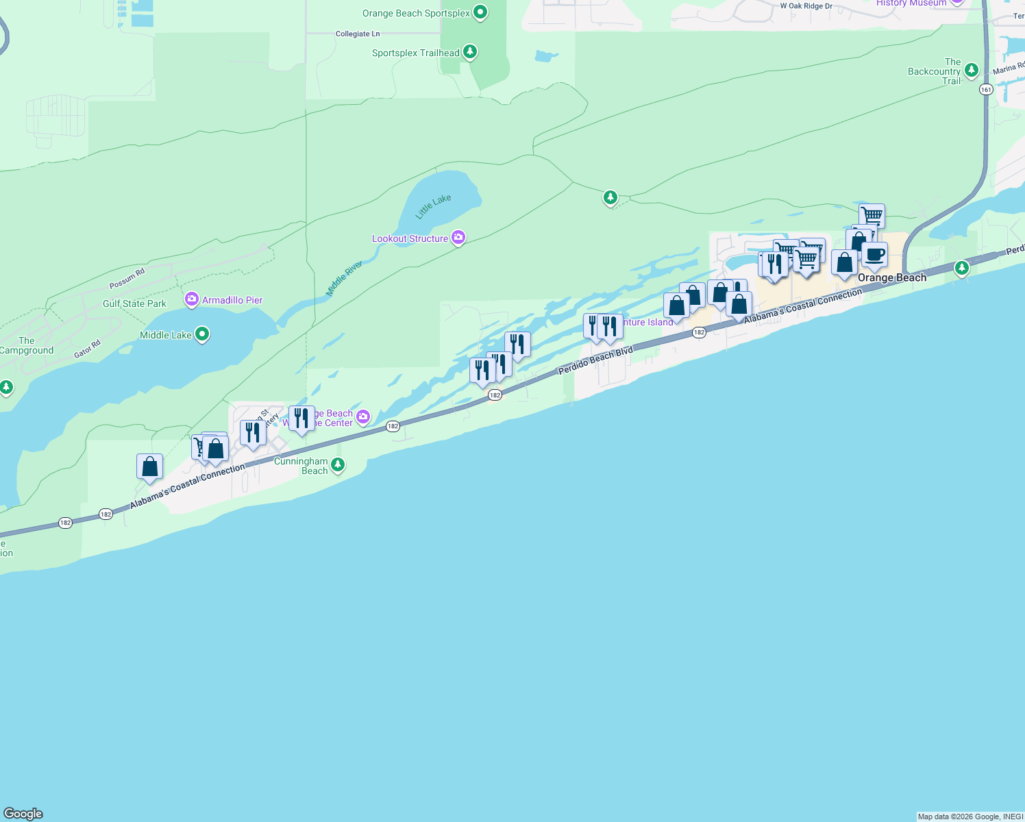 map of restaurants, bars, coffee shops, grocery stores, and more near 24250 Perdido Beach Boulevard in Orange Beach