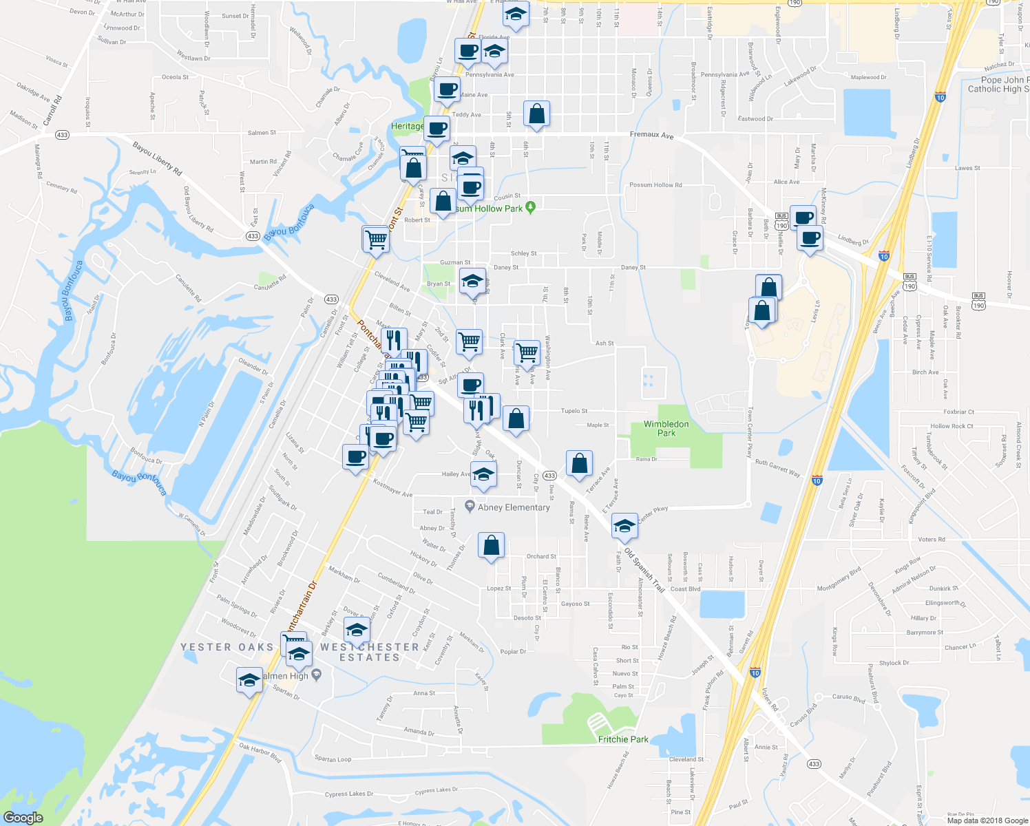 map of restaurants, bars, coffee shops, grocery stores, and more near 772 Pine Tree Street in Slidell