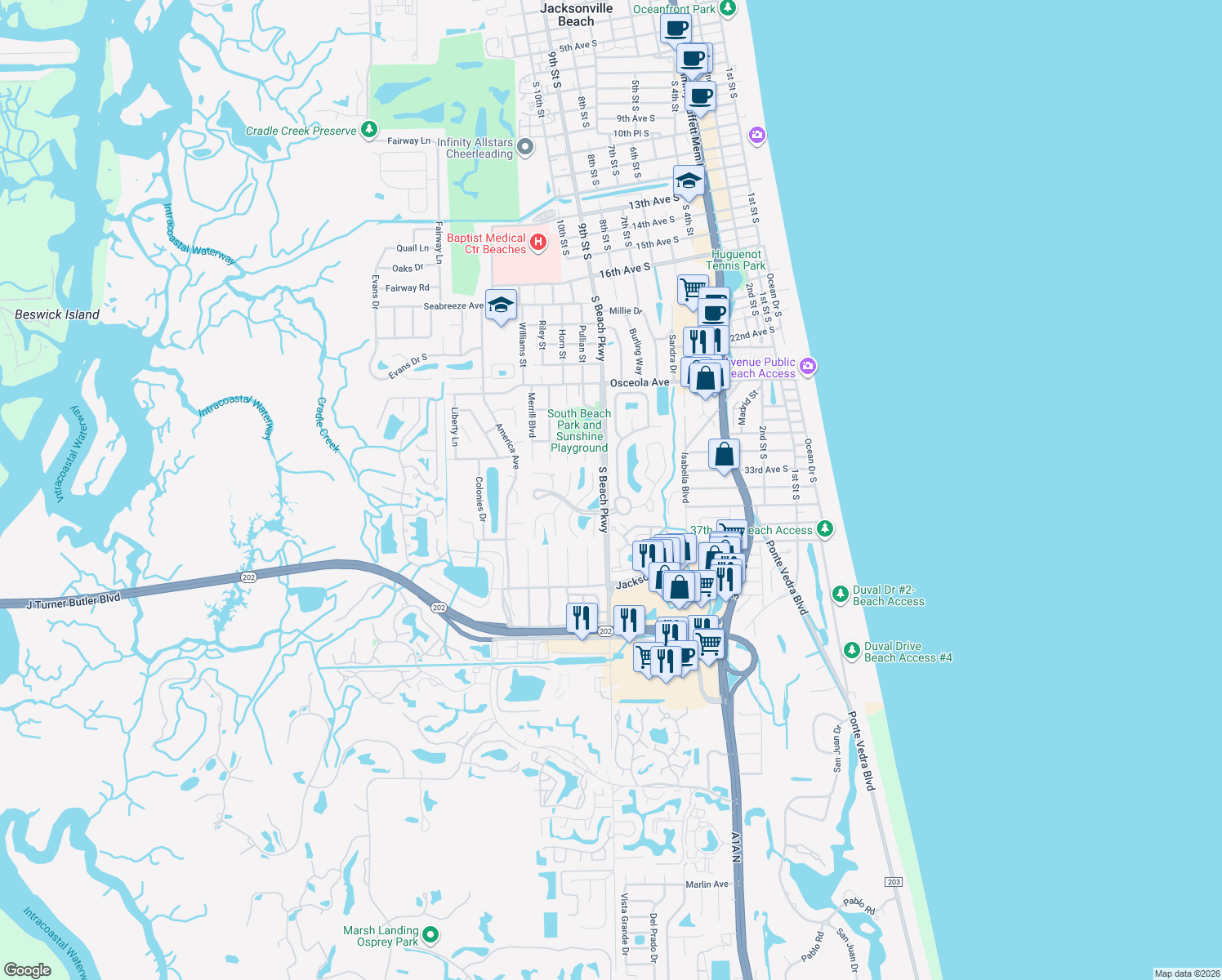 map of restaurants, bars, coffee shops, grocery stores, and more near 3376 Antigua Drive in Jacksonville Beach
