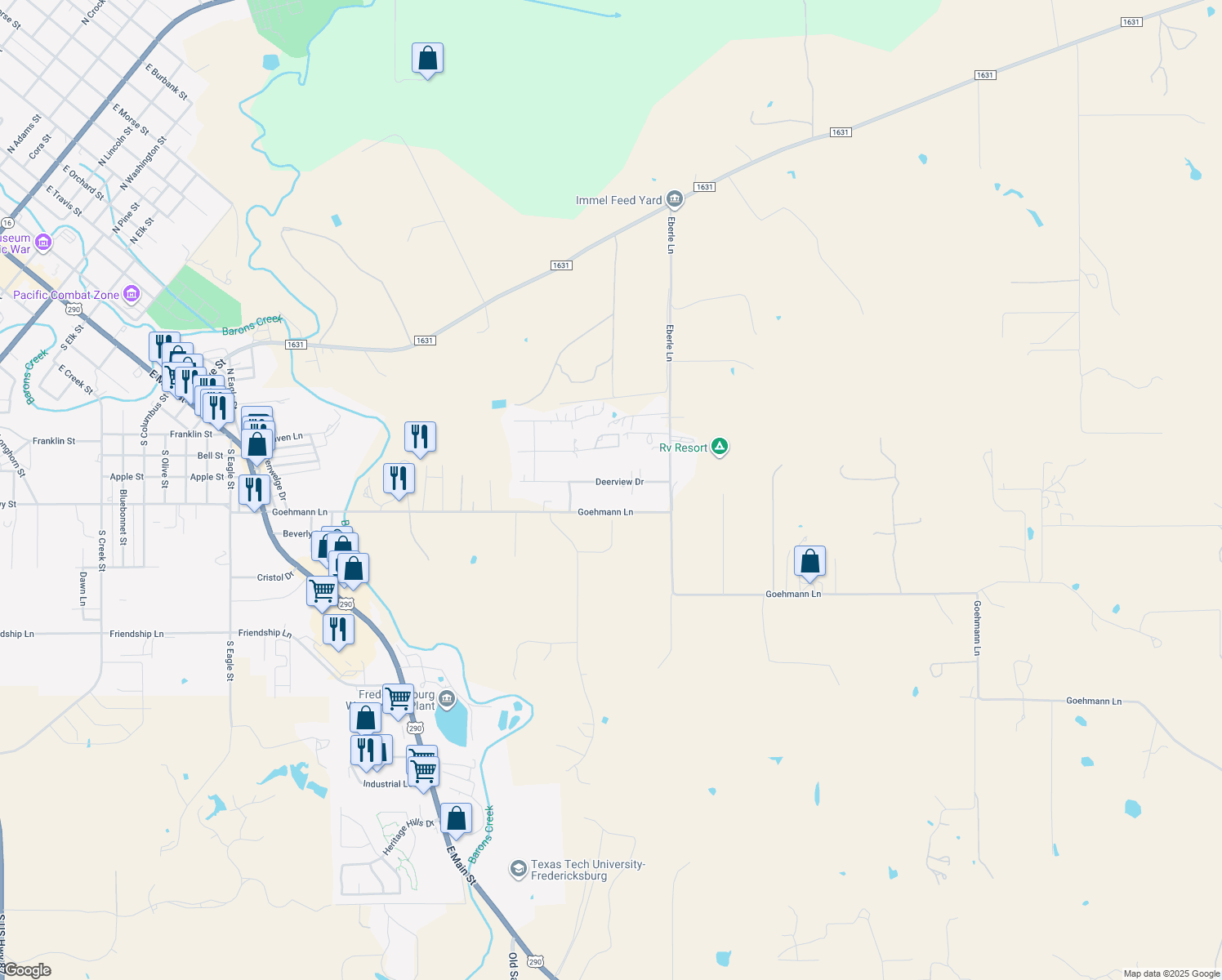 map of restaurants, bars, coffee shops, grocery stores, and more near 613 Deerview Drive in Fredericksburg