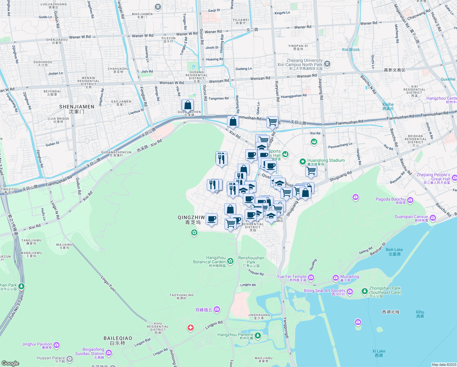map of restaurants, bars, coffee shops, grocery stores, and more near 38 Zheda Road in Hangzhou Shi