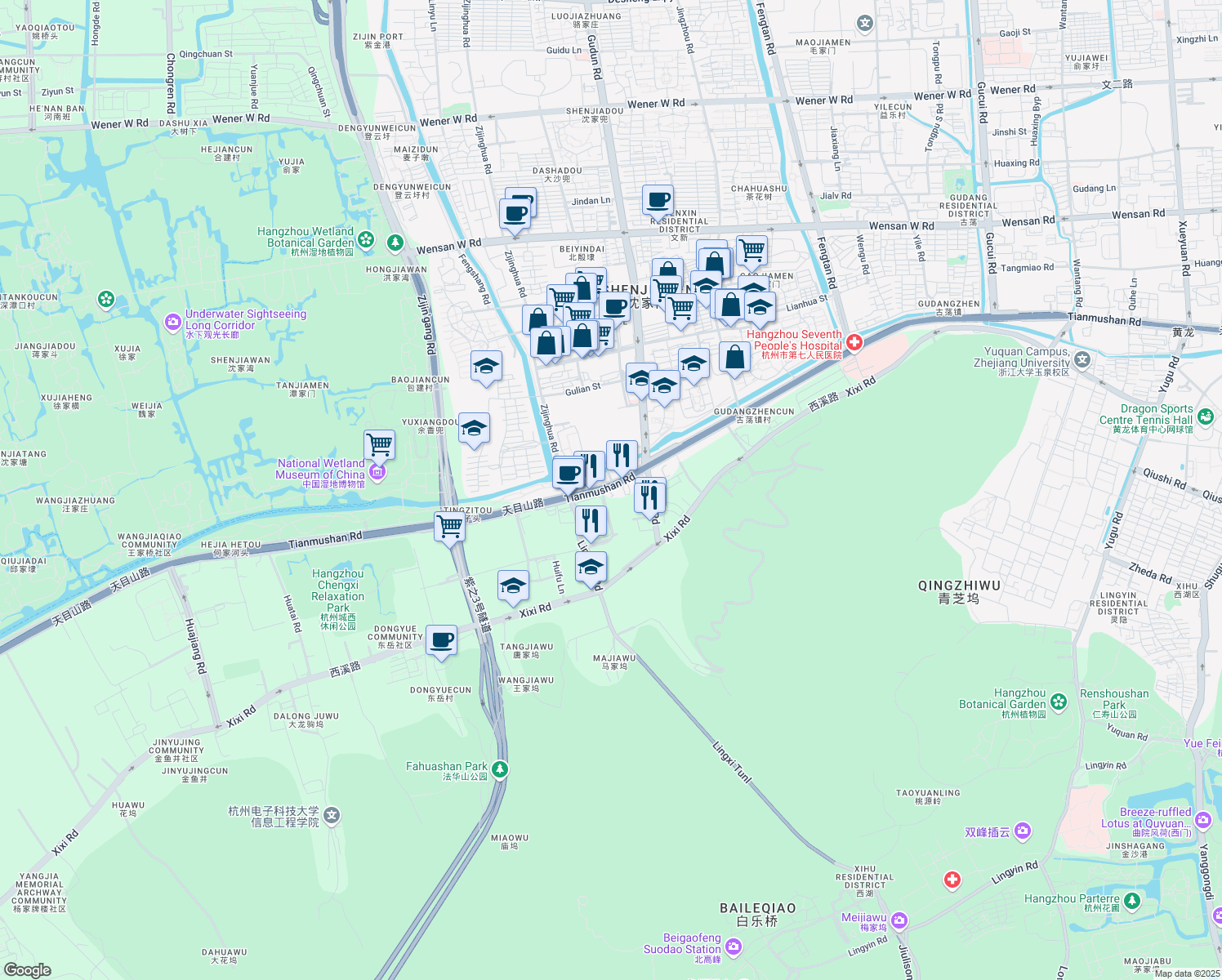 map of restaurants, bars, coffee shops, grocery stores, and more near Tian Mu Shan Lu in Hang Zhou Shi