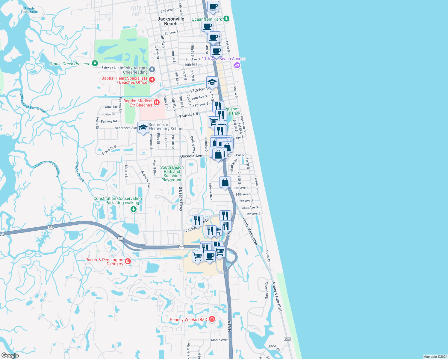 map of restaurants, bars, coffee shops, grocery stores, and more near 3090 3rd Street South in Jacksonville Beach