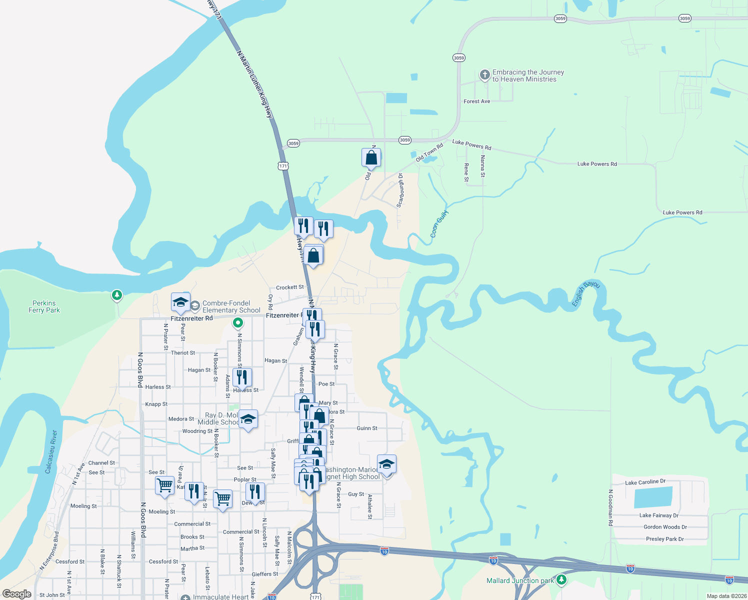 map of restaurants, bars, coffee shops, grocery stores, and more near 2835 Wingate St in Lake Charles