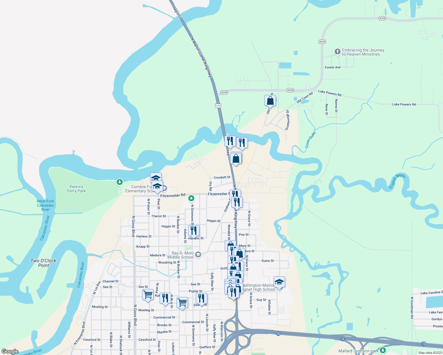 map of restaurants, bars, coffee shops, grocery stores, and more near 2299 N Malcolm St in Lake Charles