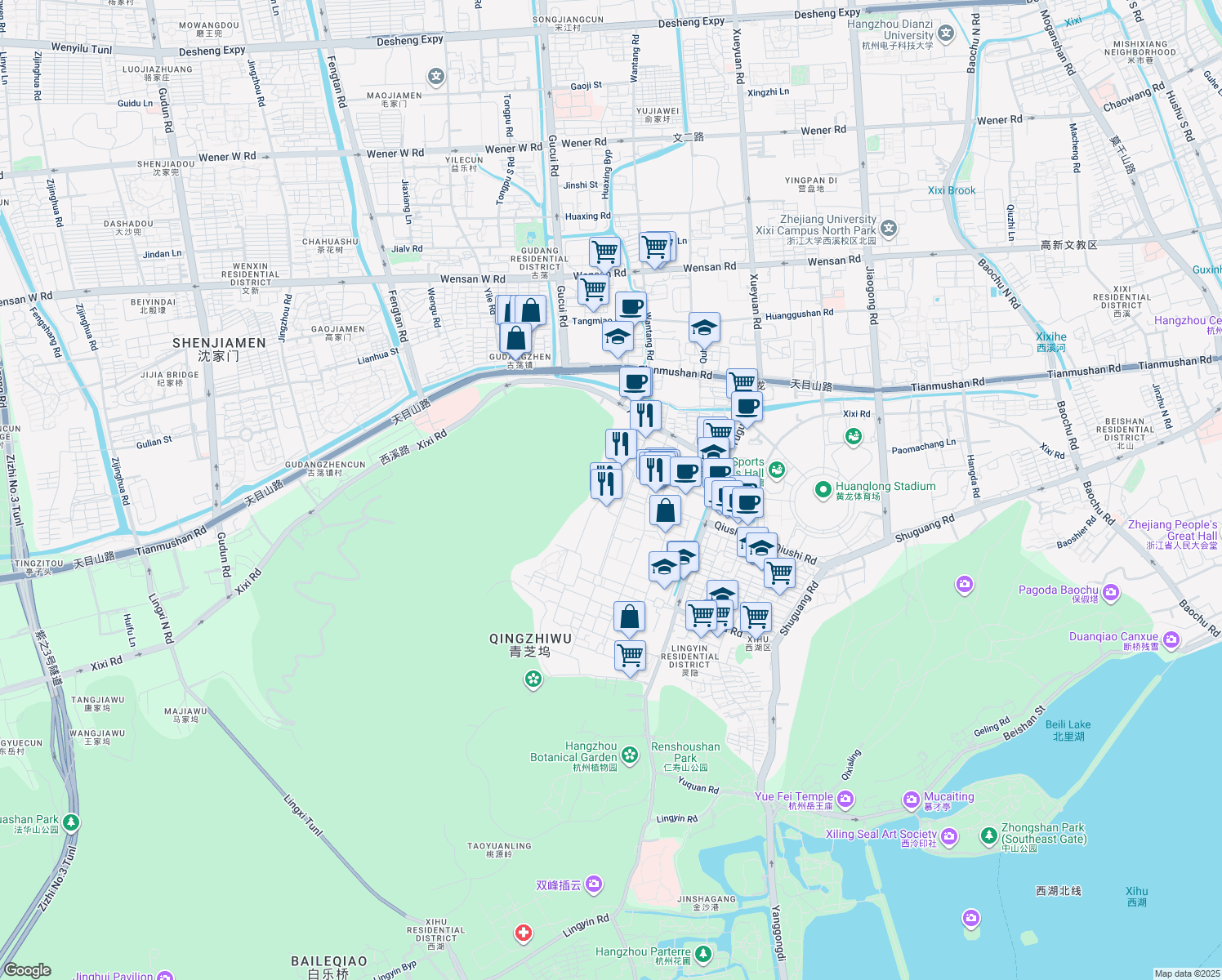map of restaurants, bars, coffee shops, grocery stores, and more near 38 Zheda Road in Hangzhou Shi