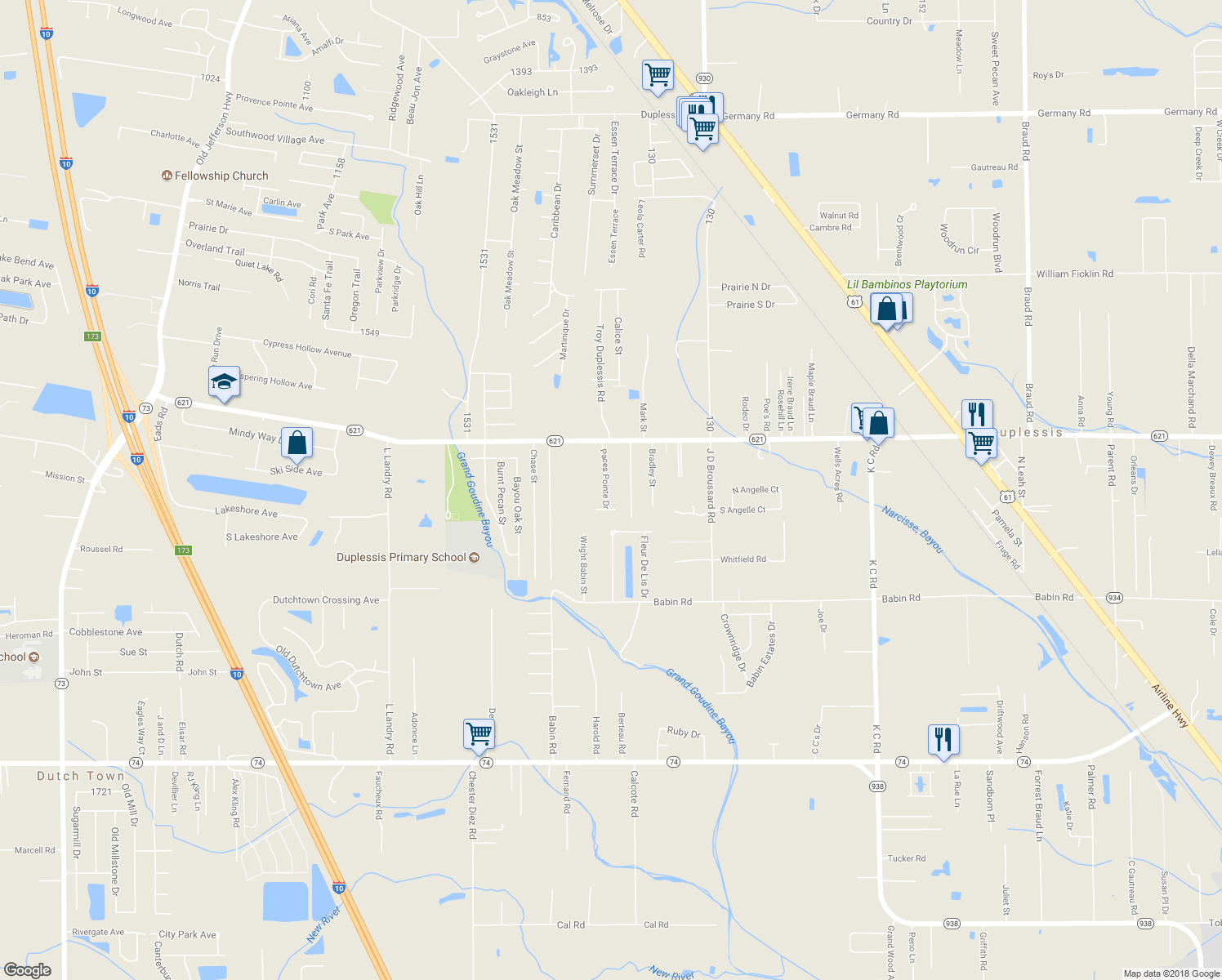 map of restaurants, bars, coffee shops, grocery stores, and more near 13452 Paces Pointe Drive in Gonzales