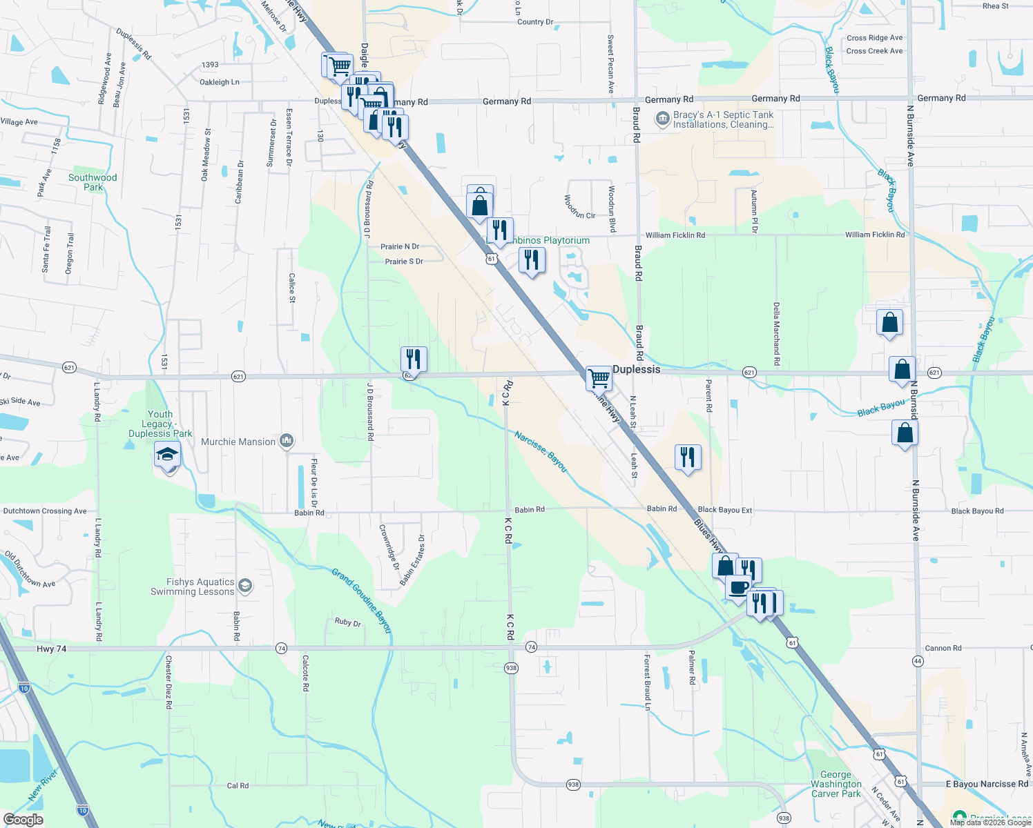 map of restaurants, bars, coffee shops, grocery stores, and more near 13455 K C Rd in Gonzales