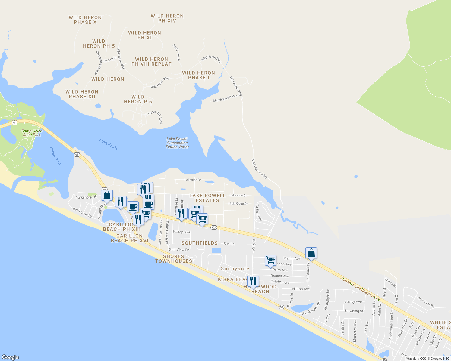 map of restaurants, bars, coffee shops, grocery stores, and more near 710 Gainous Road in Panama City Beach